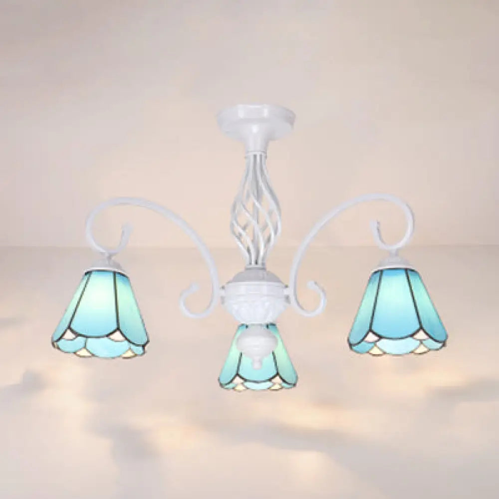 Tiffany Style Semi Flush Mount Light: 3/5-Light White/Blue/Sky Blue Shade For Living Room 3 / Sky