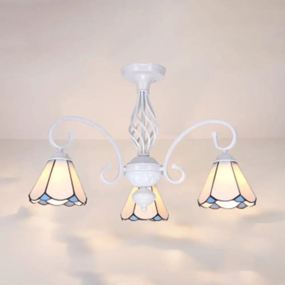 Tiffany Style Semi Flush Mount Light: 3/5-Light White/Blue/Sky Blue Shade For Living Room 3 / White