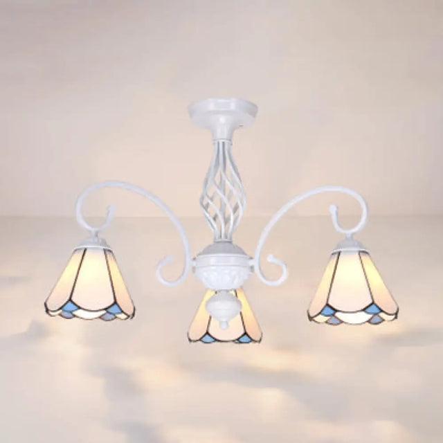 Tiffany Style Semi Flush Mount Light: 3/5-Light White/Blue/Sky Blue Shade For Living Room 3 / White