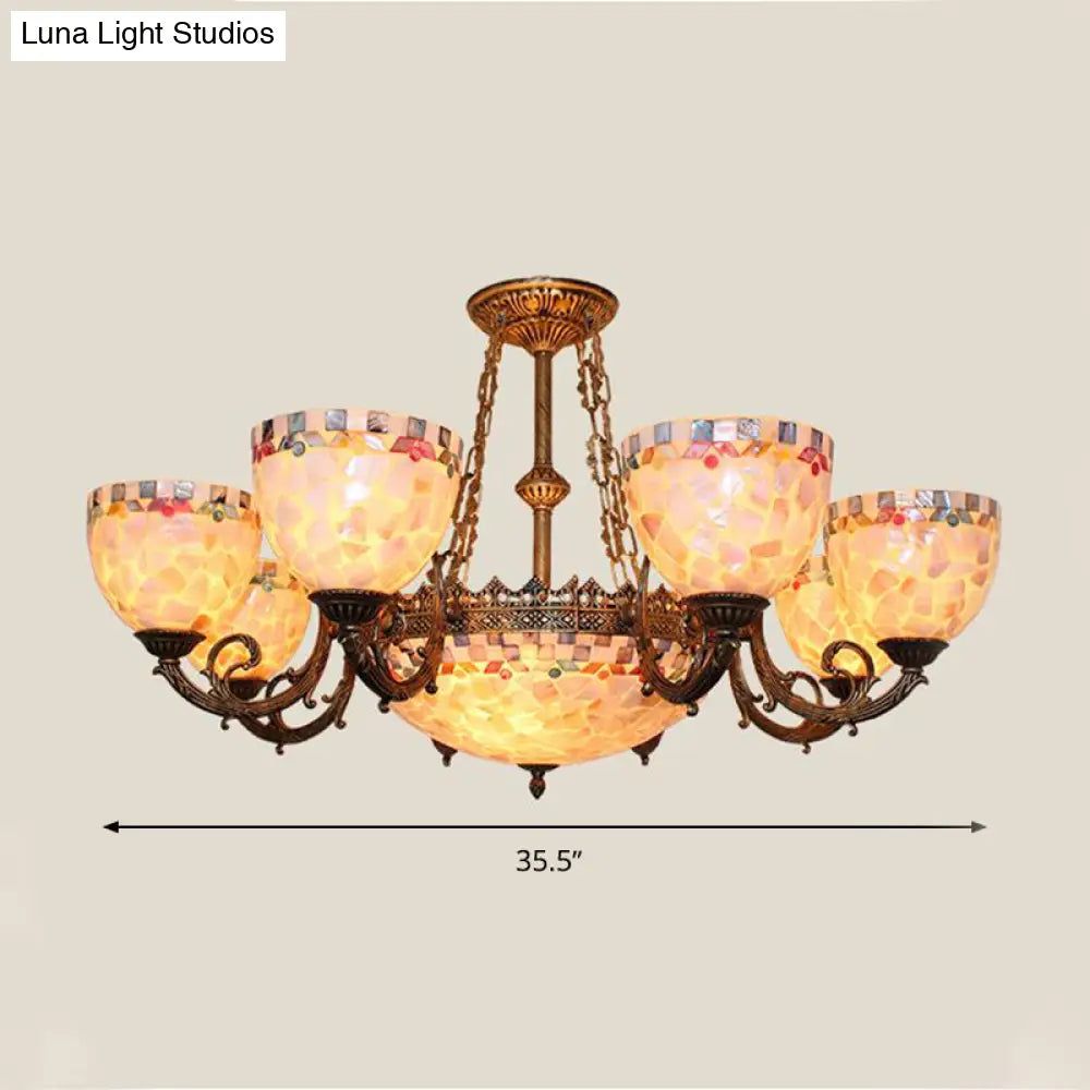 Tiffany-Style Shell Domed Ceiling Chandelier With Adjustable Beige Suspension - 5/9/11 Lights For