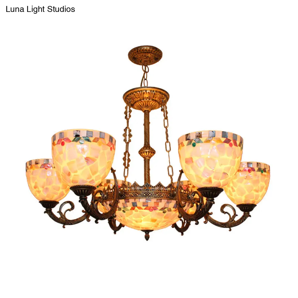Tiffany-Style Shell Domed Ceiling Chandelier With Adjustable Beige Suspension - 5/9/11 Lights For