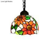 Tiffany-Style Stained Art Glass Hemisphere Pendant Lamp - Red/Orange/Green Ceiling Hanging Light