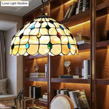 Tiffany-Style Stained Glass Bowl Pendant Lamp With Two Beige Heads And Gemstone Cabochons -