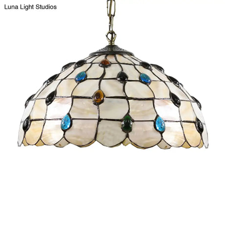 Tiffany-Style Stained Glass Bowl Pendant Lamp With Two Beige Heads And Gemstone Cabochons -