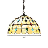 Tiffany-Style Stained Glass Pendant Lamp With 2 Beige Heads And Cabochons Gemstone