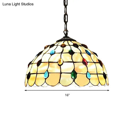 Tiffany-Style Stained Glass Bowl Pendant Lamp With Two Beige Heads And Gemstone Cabochons -