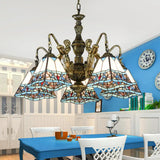 Tiffany Style Stained Glass Ceiling Chandelier: Pyramid Design With Mermaid Deco In Bronze 5 /