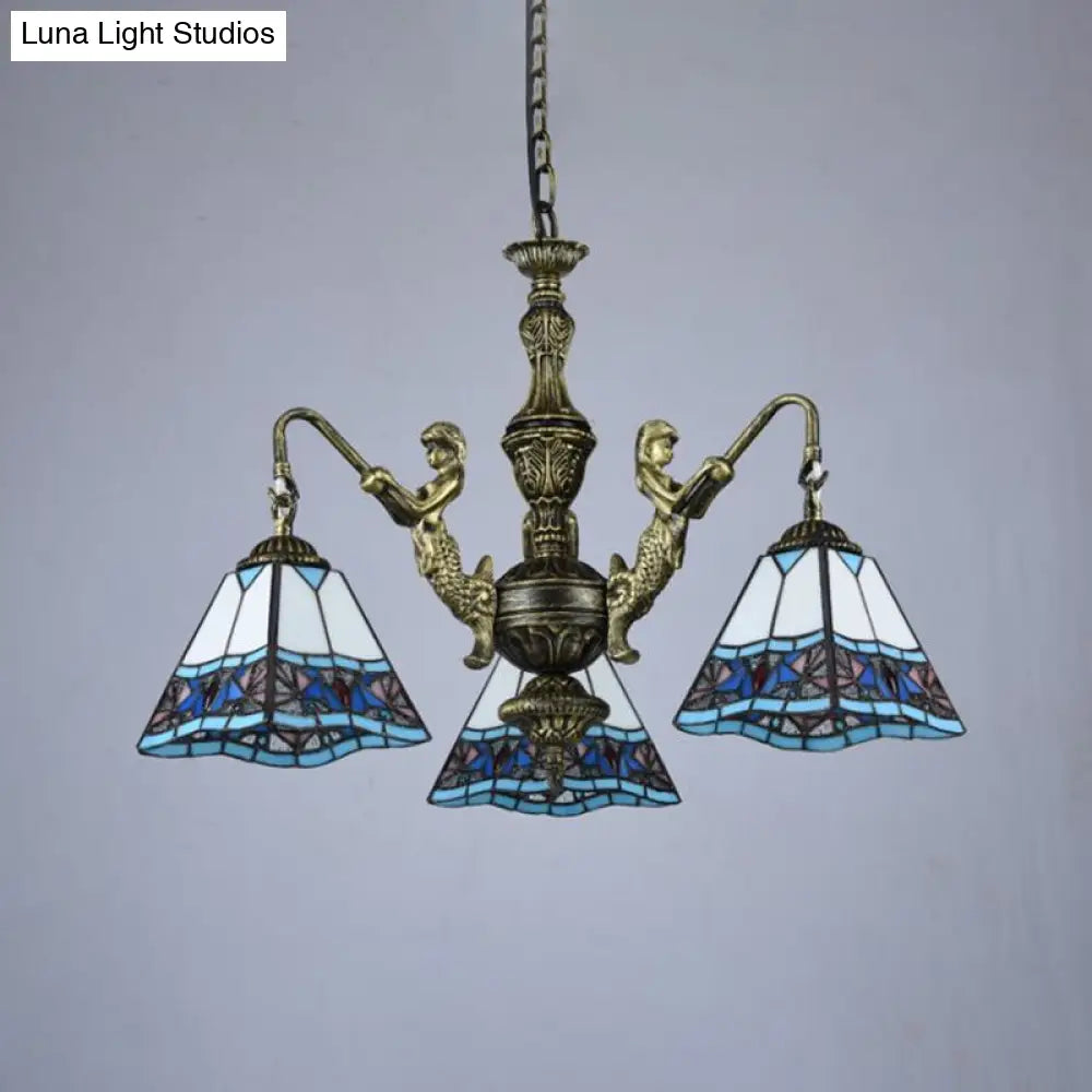 Tiffany Style Stained Glass Ceiling Chandelier: Pyramid Design With Mermaid Deco In Bronze