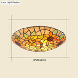 Tiffany Style Stained Glass Ceiling Light With Flower & Leaf Pattern - Retro Mediterranean Flush