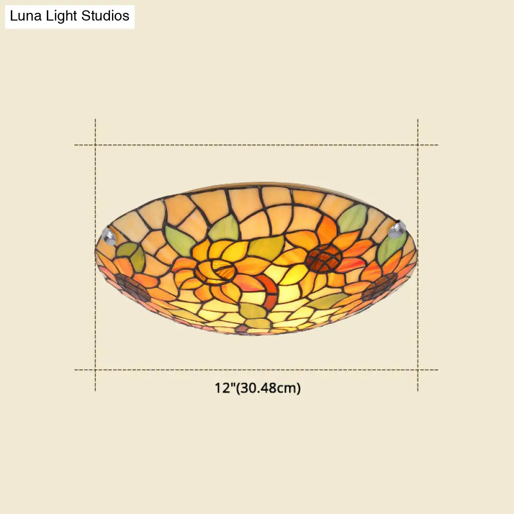 Tiffany Style Stained Glass Ceiling Light With Flower & Leaf Pattern - Retro Mediterranean Flush
