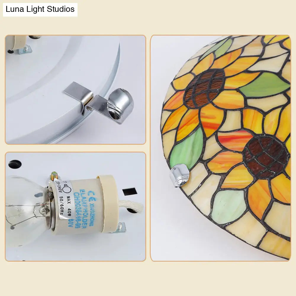 Tiffany Style Stained Glass Ceiling Light With Flower & Leaf Pattern - Retro Mediterranean Flush
