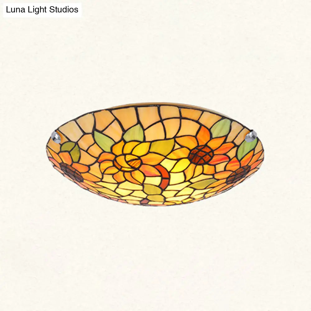 Tiffany Style Stained Glass Ceiling Light With Flower & Leaf Pattern - Retro Mediterranean Flush