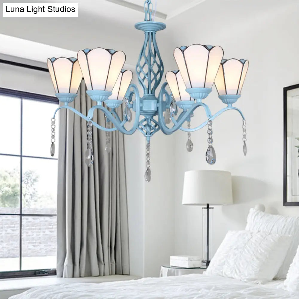 Tiffany Style Stained Glass Cone Pendant Chandelier - Adjustable Chain White/Blue/Clear Perfect For
