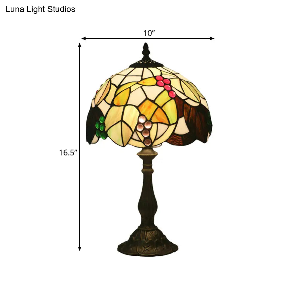 Tiffany Style Stained Glass Desk Light With Bronze Leaf And Fruit Pattern - Bowl Shape 1-Head Night
