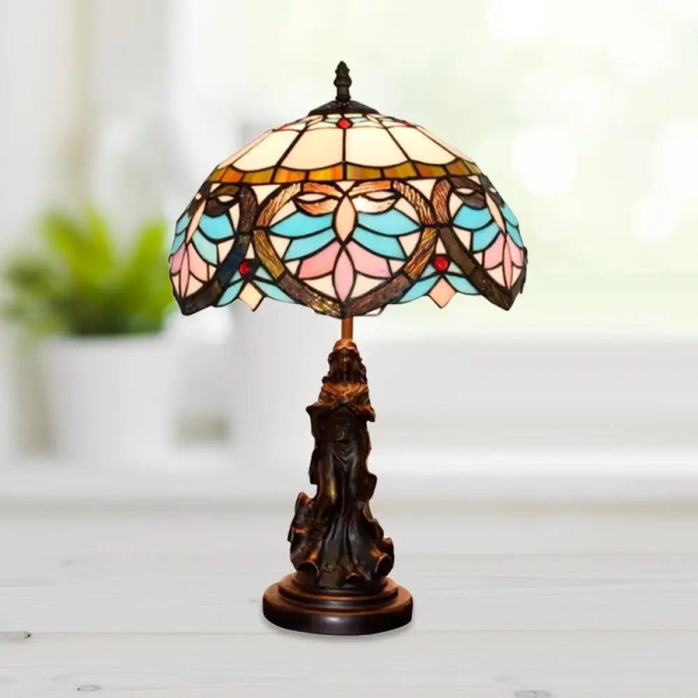 Tiffany Style Stained Glass Dome Table Lamp - Beige/Blue Color Bronze Finish Angel Decoration 1 Bulb