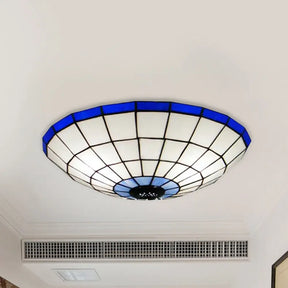Tiffany Style Stained Glass Flush Mount Light In Blue - Perfect For Living Room 3 Width Sizes