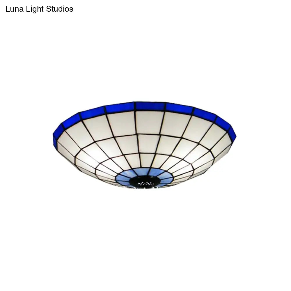 Tiffany Style Stained Glass Flush Mount Light In Blue - Perfect For Living Room 3 Width Sizes