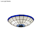 Tiffany Style Stained Glass Flush Mount Light In Blue - Perfect For Living Room 3 Width Sizes