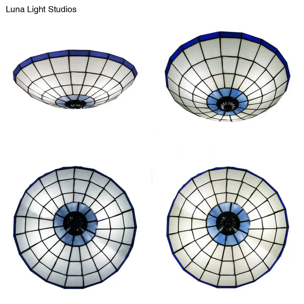 Tiffany Style Stained Glass Flush Mount Light In Blue - Perfect For Living Room 3 Width Sizes