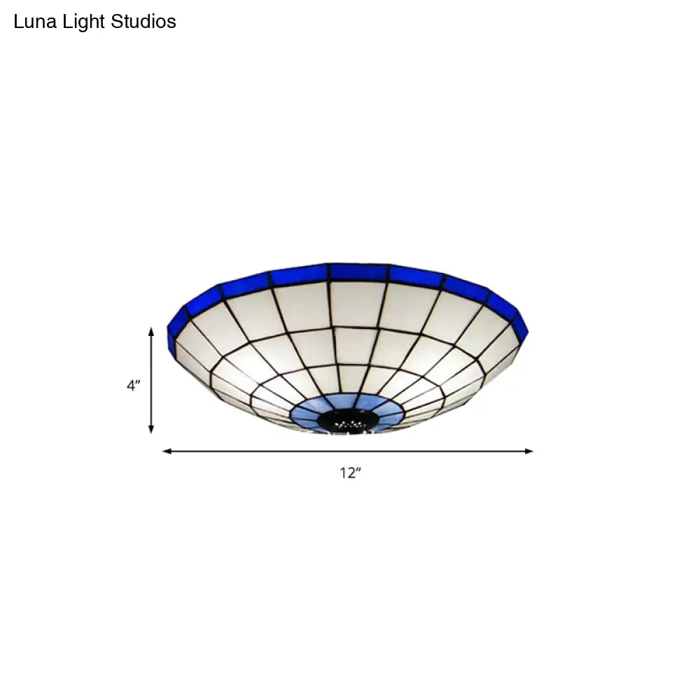 Tiffany Style Stained Glass Flush Mount Light In Blue - Perfect For Living Room 3 Width Sizes