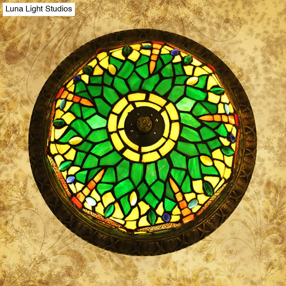 Tiffany Style Stained Glass Flushmount Ceiling Light With 2 Bulbs - Foyer Flush Fixture