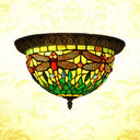 Tiffany Style Stained Glass Flushmount Ceiling Light With 2 Bulbs - Foyer Flush Fixture Bronze