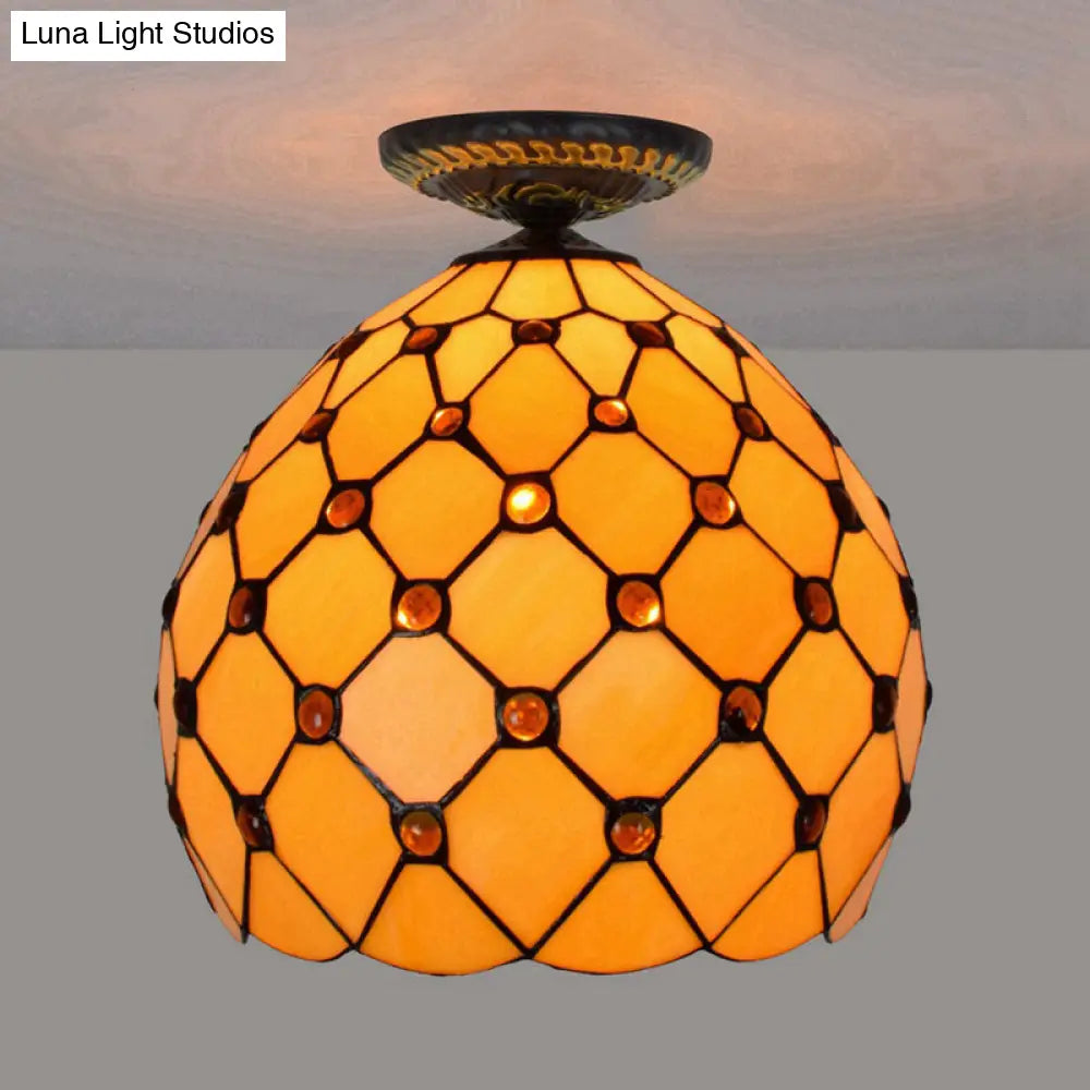 Tiffany-Style Stained Glass Jeweled Ceiling Light In Bronze Flush Mount Multiple Sizes Available