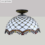 Tiffany-Style Stained Glass Jeweled Ceiling Light In Bronze Flush Mount Multiple Sizes Available