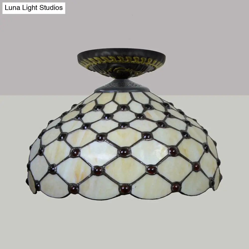 Tiffany-Style Stained Glass Jeweled Ceiling Light In Bronze Flush Mount Multiple Sizes Available