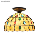 Tiffany-Style Stained Glass Jeweled Ceiling Light In Bronze Flush Mount Multiple Sizes Available