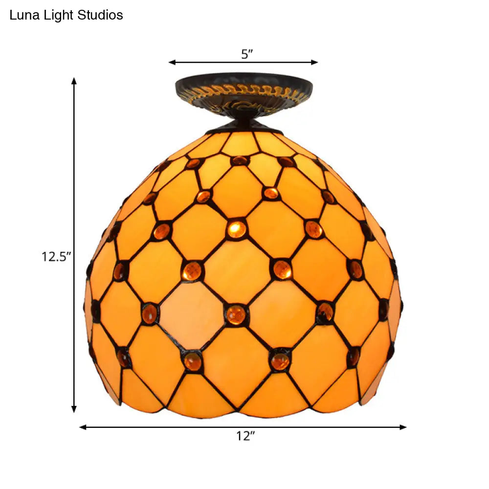 Tiffany-Style Stained Glass Jeweled Ceiling Light In Bronze Flush Mount Multiple Sizes Available