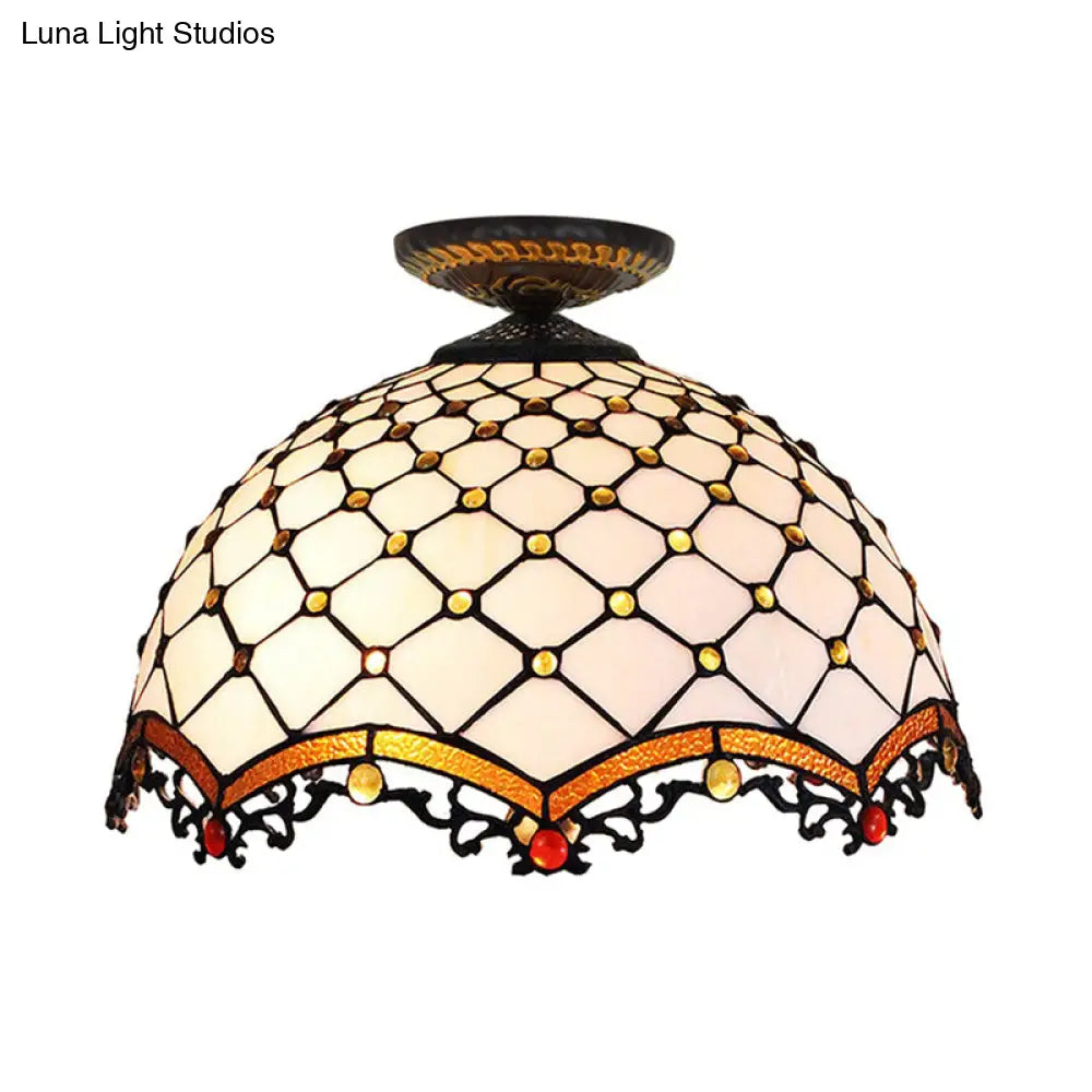 Tiffany-Style Stained Glass Jeweled Ceiling Light In Bronze Flush Mount Multiple Sizes Available
