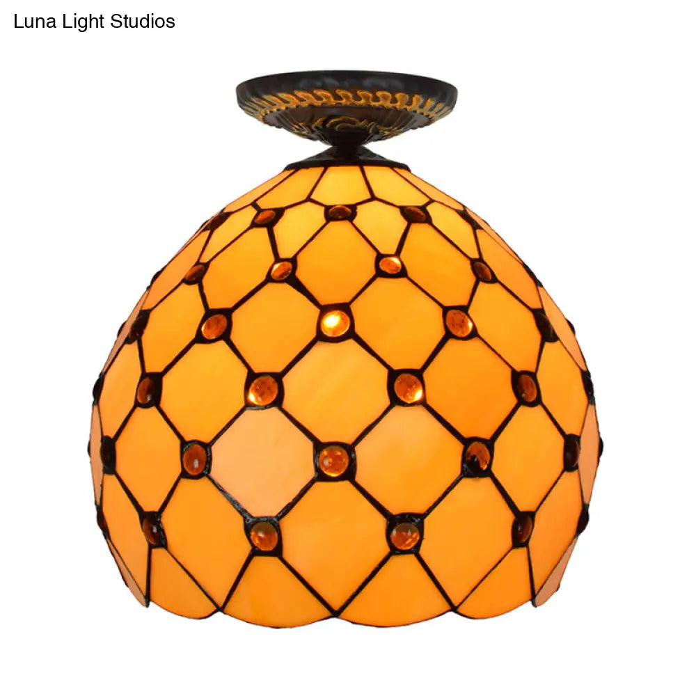 Tiffany-Style Stained Glass Jeweled Ceiling Light In Bronze Flush Mount Multiple Sizes Available