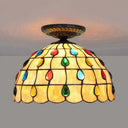 Tiffany-Style Stained Glass Jeweled Ceiling Light In Bronze Flush Mount Multiple Sizes Available /