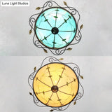 Tiffany Style Stained Glass Round Ceiling Light Fixture With Leaf Pattern - Beige/Blue 3 Bulbs