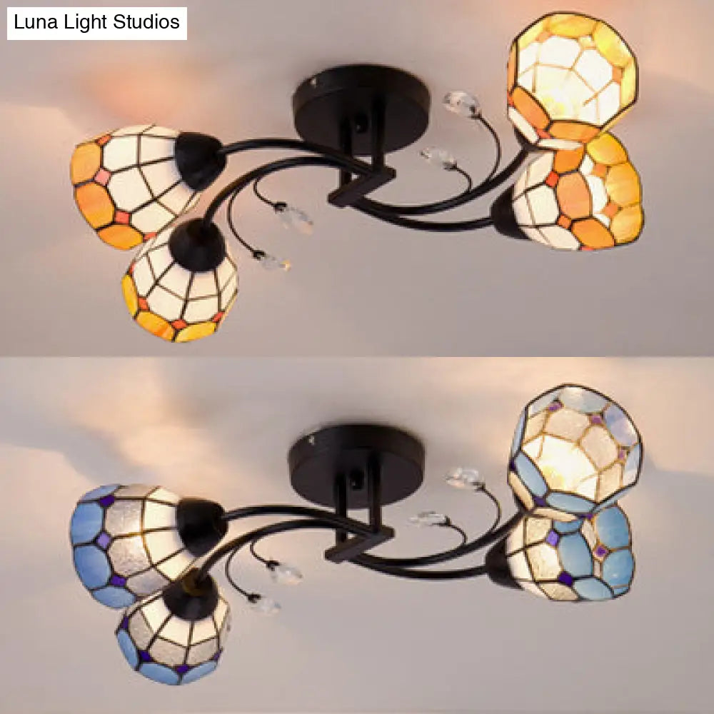 Tiffany Style Stained Glass Semi Flush Light - Blue/Orange Bowl Design Ideal For Bedrooms