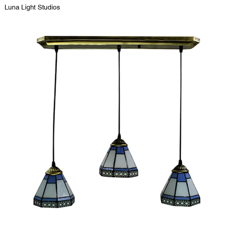 Tiffany-Style Stained Glass Swag Lamp: Blue & White Cluster Pendant Light (3 Heads) With Canopy