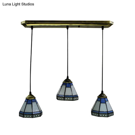 Tiffany-Style Stained Glass Swag Lamp: Blue & White Cluster Pendant Light (3 Heads) With Canopy