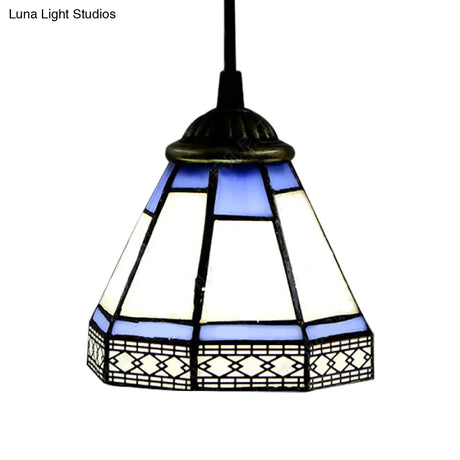 Tiffany-Style Stained Glass Swag Lamp: Blue & White Cluster Pendant Light (3 Heads) With Canopy