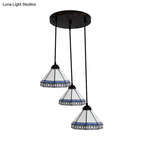 Tiffany-Style Stained Glass Swag Lamp: Blue & White Cluster Pendant Light (3 Heads) With Canopy