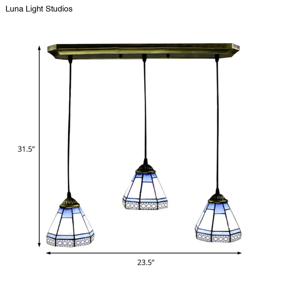 Tiffany-Style Stained Glass Swag Lamp: Blue & White Cluster Pendant Light (3 Heads) With Canopy
