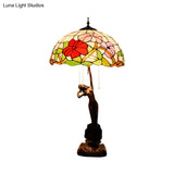Tiffany-Style Stained Glass Table Lamp: Red/Orange Pull-Chain Nightstand Light With Flowering Design