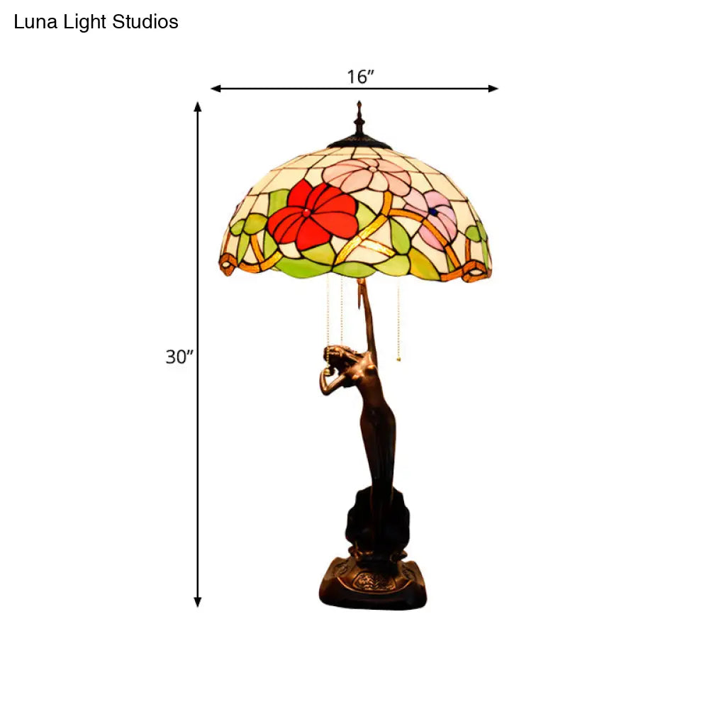 Tiffany-Style Stained Glass Table Lamp: Red/Orange Pull-Chain Nightstand Light With Flowering Design