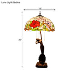 Tiffany-Style Stained Glass Table Lamp: Red/Orange Pull-Chain Nightstand Light With Flowering Design