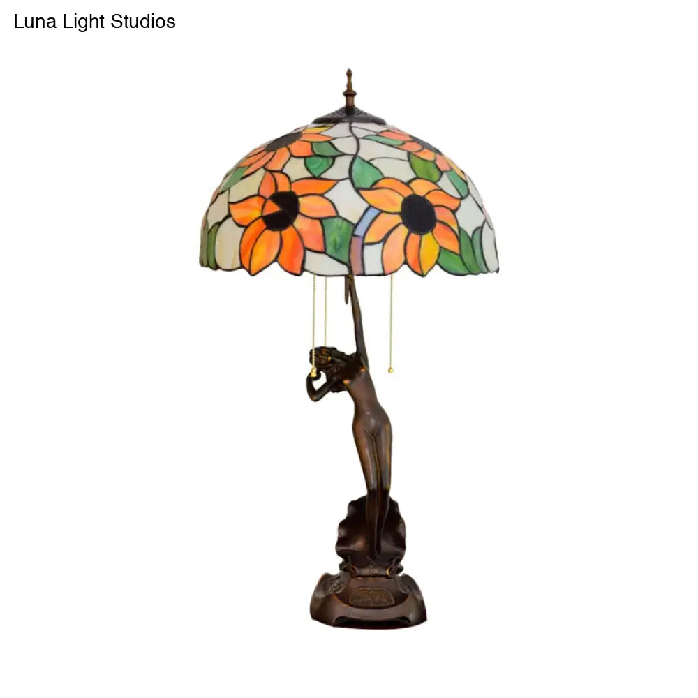 Tiffany-Style Stained Glass Table Lamp: Red/Orange Pull-Chain Nightstand Light With Flowering Design