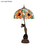 Tiffany-Style Stained Glass Table Lamp: Red/Orange Pull-Chain Nightstand Light With Flowering Design