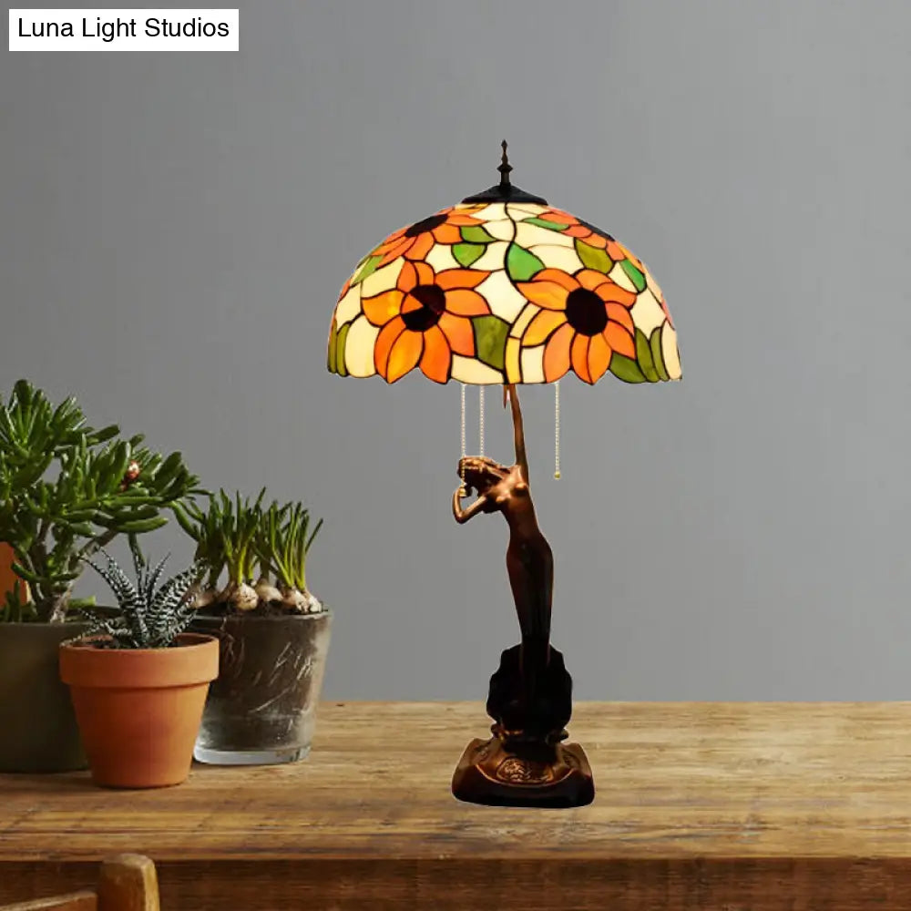 Tiffany-Style Stained Glass Table Lamp: Red/Orange Pull-Chain Nightstand Light With Flowering Design