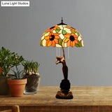 Tiffany-Style Stained Glass Table Lamp: Red/Orange Pull-Chain Nightstand Light With Flowering Design