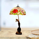 Tiffany-Style Stained Glass Table Lamp: Red/Orange Pull-Chain Nightstand Light With Flowering Design
