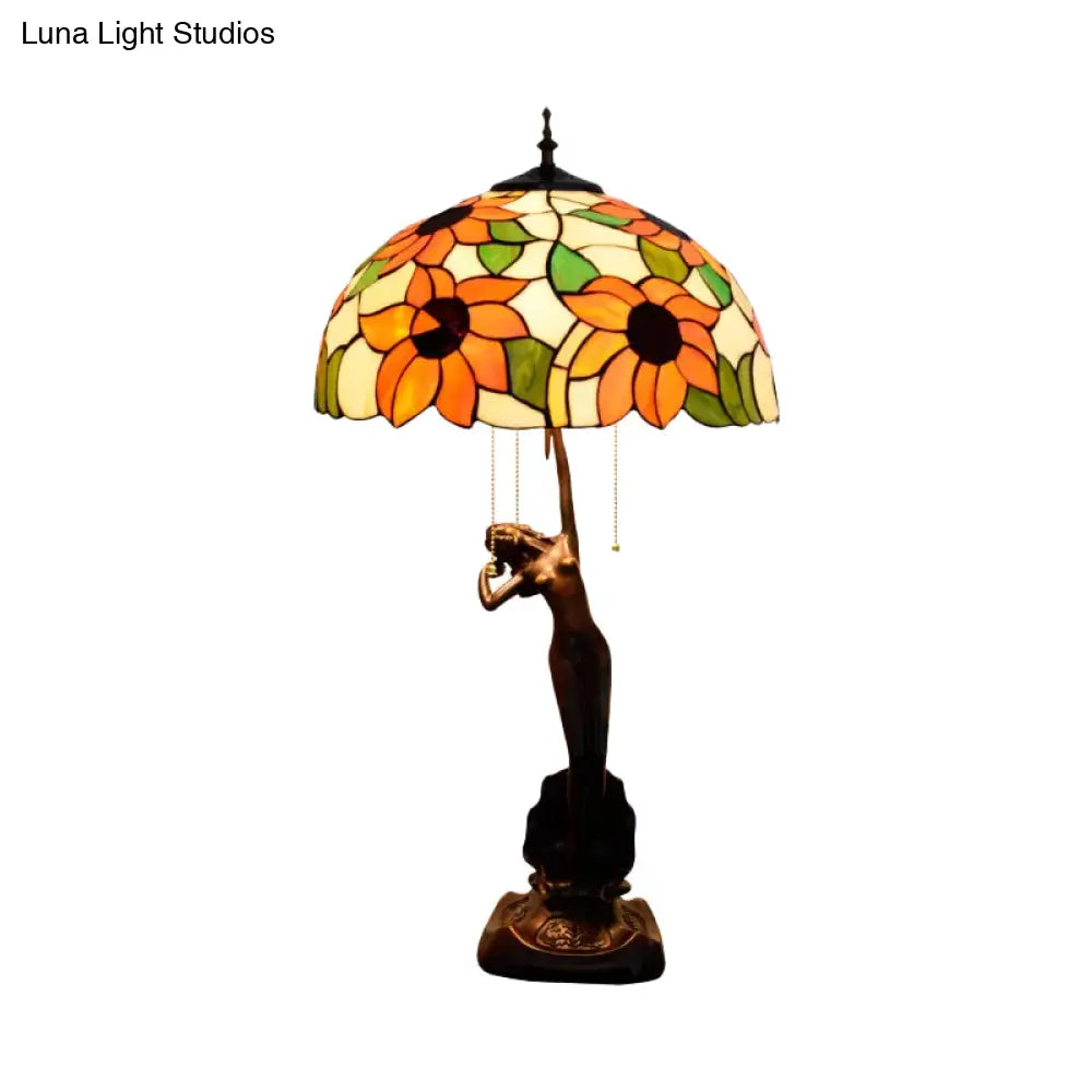 Tiffany-Style Stained Glass Table Lamp: Red/Orange Pull-Chain Nightstand Light With Flowering Design